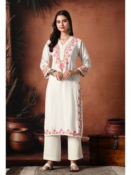 SYRISH - Women Syrish Pink Thread Hand Embroidered Chikankari Straight Rayon Kurta
