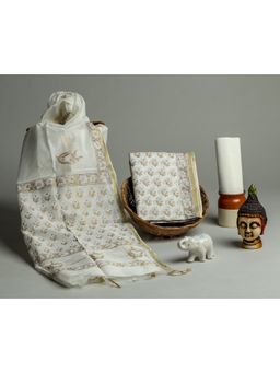 Meeranshi - White Hand Block Booti Print Chanderi Unstitched Dress Material