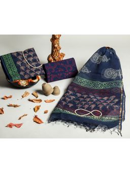 Meeranshi - Navy Blue Hand Block Print Pure Kota Dorriya Unstitched Dress Material
