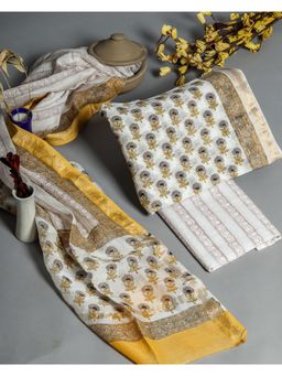 Meeranshi - White Hand Block Print Maheshwari Silk Unstitched Dress Material