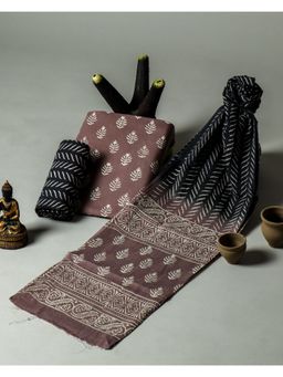 Meeranshi - Brown Booti Print In Handblock Print Unstitched Dress Material