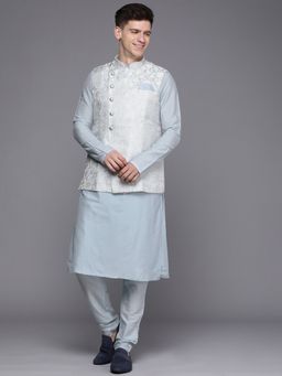 Manyavar - Blended Viscose Blue Self Design Kurta Jacket Pyjama (Set of 3)