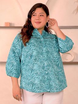 Indietoga - Women Teal Plus Size Pure Cotton Three Fourth Sleeves Shirt