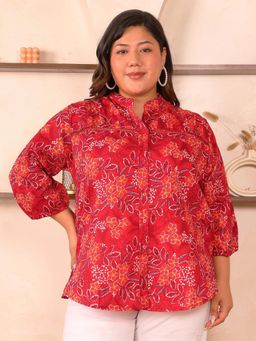 Indietoga - Women Red Plus Size Pure Cotton Three Fourth Sleeves Shirt