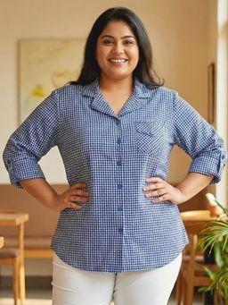 Indietoga - Women Blue Plus Size Cotton Blend Full Sleeves Shirt