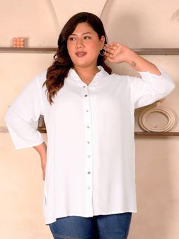 Indietoga - Women White Plus Size Viscose Rayon Three Fourth Sleeves Shirt