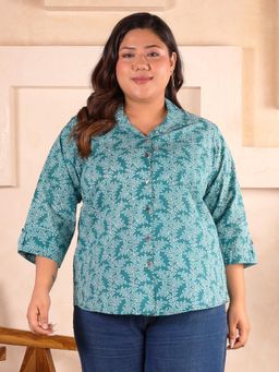 Indietoga - Women Teal Plus Size Cotton Three Fourth Sleeves Shirt
