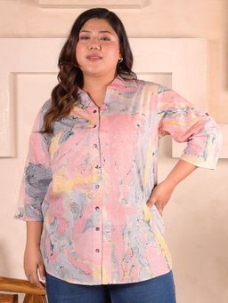 Indietoga - Women Pink Plus Size Cotton Three Fourth Sleeves Shirt