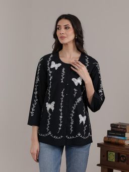 QAZMI - Black Women Aari Embroidered Pure Cotton Buttoned Top