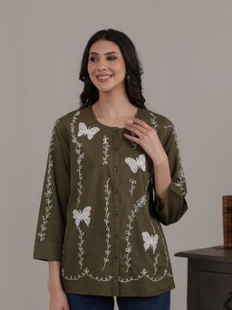 QAZMI - Green Women Aari Embroidered Pure Cotton Buttoned Top