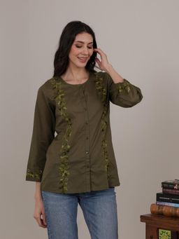 QAZMI - Green Women Aari Embroidered Pure Cotton Top