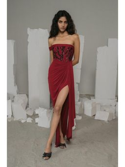SOTBELLA - Maroon Sequin Bodice Draped Gown