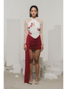 SOTBELLA - Off White Draped Mini Dress with Lace Sleeves