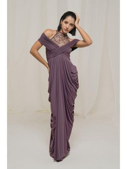 SOTBELLA - Purple Off Shoulder Draped Gown with Embellished Halter Neck