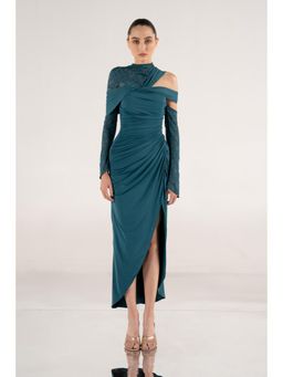 SOTBELLA - Teal Draped Midi Dress with Sheer Lace Sleeves