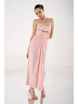 SOTBELLA - Pink Draped Dress with Sculpted Bodice and Floral Accents