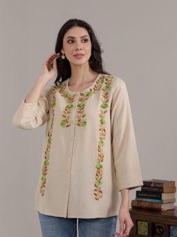 QAZMI - Beige Women Aari Embroidered Cotton Linen Buttoned Top