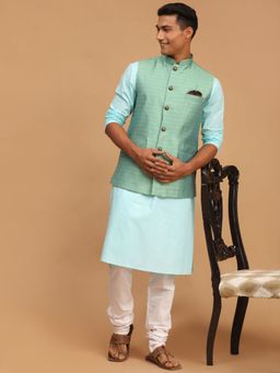 Vastramay - Mens Aqua - Green and White Cotton Blend Jacket - Kurta and Pyjama (Set of 3)