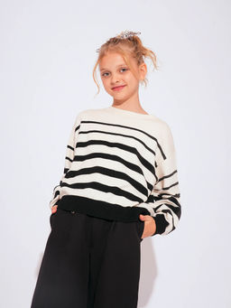 VERO MODA - White & Black Girls Striped Relaxed Sweater
