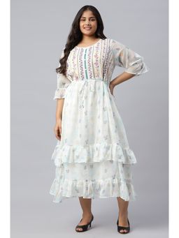 Aurelia - White Ruffle Plus Size Dress In Round Neck