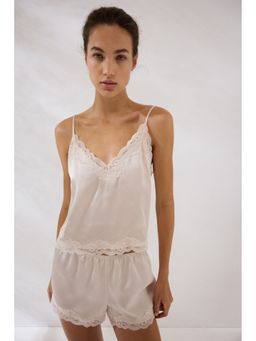 H&M - Women Beige Lace-trimmed satin Top and Shorts