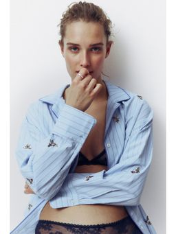 H&M - Women Blue Embellished cotton pyjama shirt