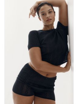H&M - Women Black Pointelle-knit cotton T-Shirt and Shorts