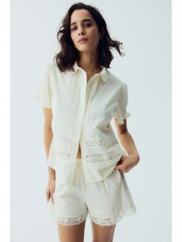 H&M - Women White Lace-inset cotton Shirt and Shorts