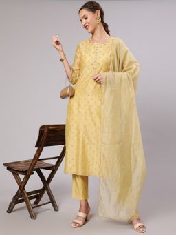 Jaipur Kurti - Women Yellow Print Chanderi Kurta with Trousers and Dupatta (Set of 3)