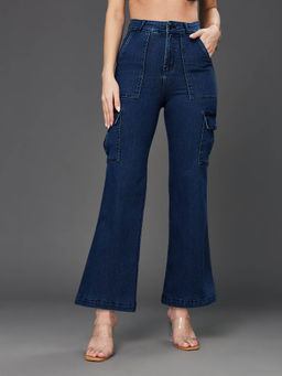 Miss Chase - Womens Blue Wide-Leg High-Rise Clean-Look Stretchable Denim Cargo Jeans