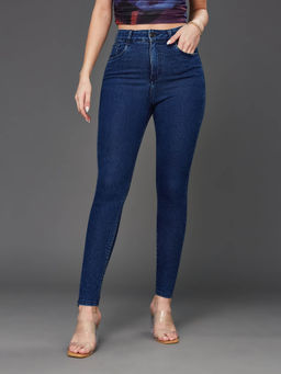 Miss Chase - Women's Blue Skinny-Fit High-Rise Cropped Stretchable Denim Jeans