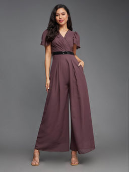 Miss Chase - Womens Mauve Solid Relaxed Fit Short Sleeve V-Neck Ankle-Length Jumpsuit