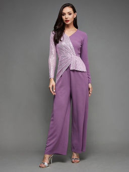 Miss Chase - Women's Lavender V-Neck Full Sleeve Embellished Asymmetric Party Jumpsuit