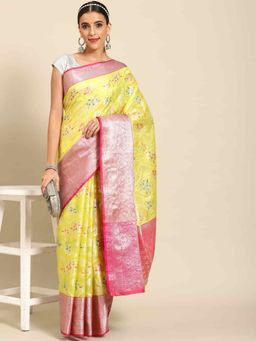 Silk Land - Womens Brocade Soft Silk Yellow Zari Woven Saree with Unstitched Blouse