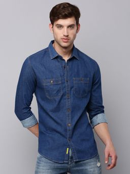 SHOWOFFFF - Mens Spread Collar Navy Blue Solid Shirt
