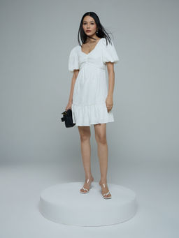 Twenty Dresses by Nykaa Fashion - Off White Solid Half Puff Sleeves Mini Dress