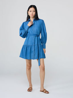 Twenty Dresses by Nykaa Fashion - Light Blue A Line Tiered Mini Dress With Belt