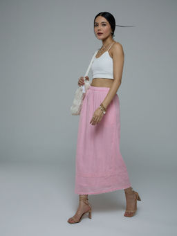 Twenty Dresses by Nykaa Fashion - Pink High Waist Lace Detail Tiered Midi Skirt