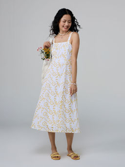 Twenty Dresses by Nykaa Fashion - White and Yellow Strappy Schiffli Midi Dress