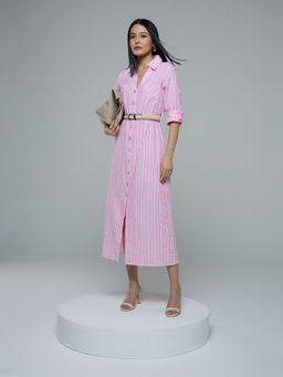 Twenty Dresses by Nykaa Fashion - Baby Pink Full Sleeves Midi Shirt Dress with Belt