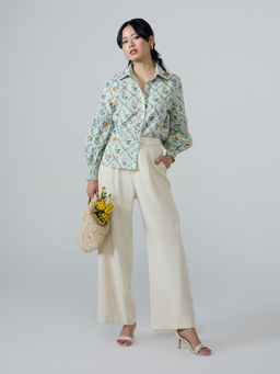 Twenty Dresses by Nykaa Fashion - Sage Green Floral Full Sleeves Trim Detail Shirt