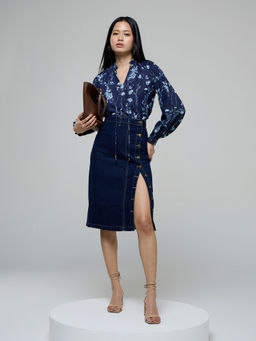 Twenty Dresses by Nykaa Fashion - Dark Blue Printed Full Sleeves Ruffled Blouson Top