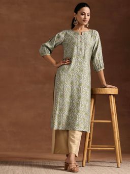 Libas - Green Floral Printed Straight Kurta with Pocket