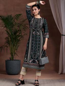 Libas - Black Ethnic Motif Printed Straight Kurta
