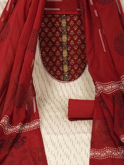 Kami Kubi - Off White-Red Ikat Print Mirror Work Unstitched Kurta with Bottom and Dupatta (Set of 3)