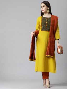 Kami Kubi - Yellow Printed Unstitched Kurta with Bottom and Dupatta (Set of 3)