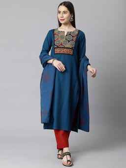 Kami Kubi - Navy Blue Printed Unstitched Kurta with Bottom and Dupatta (Set of 3)