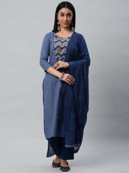 Kami Kubi - Navy Blue Solid Mirror Work Unstitched Kurta with Bottom and Dupatta (Set of 3)