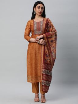 Kami Kubi - Brown Floral Embroidered Unstitched Kurta with Bottom and Dupatta (Set of 3)
