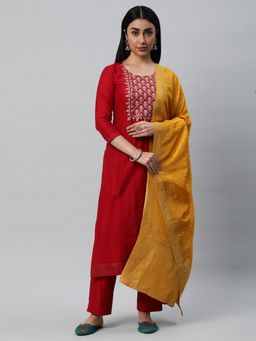 Kami Kubi - Red Embroidered Unstitched Kurta with Bottom and Dupatta (Set of 3)